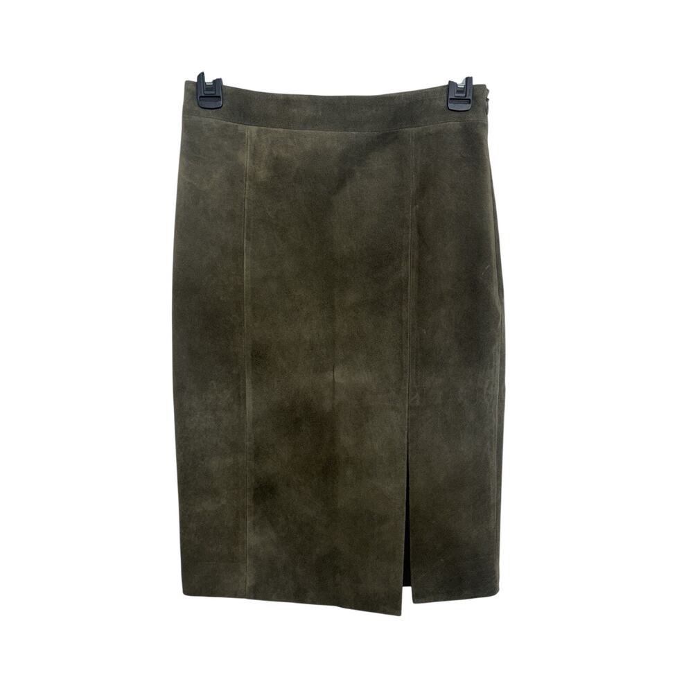 NWT Intermix Olive Green Suede Leather Front Slit Pencil Skirt Small Western